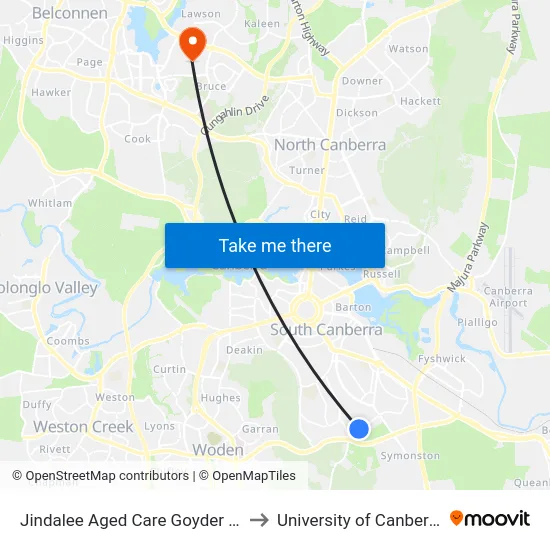 Jindalee Aged Care Goyder St to University of Canberra map