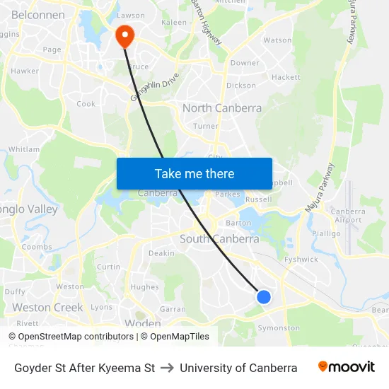 Goyder St After Kyeema St to University of Canberra map