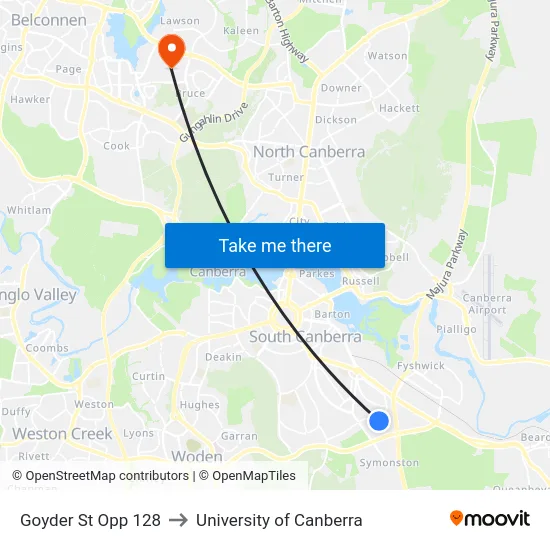 Goyder St Opp 128 to University of Canberra map
