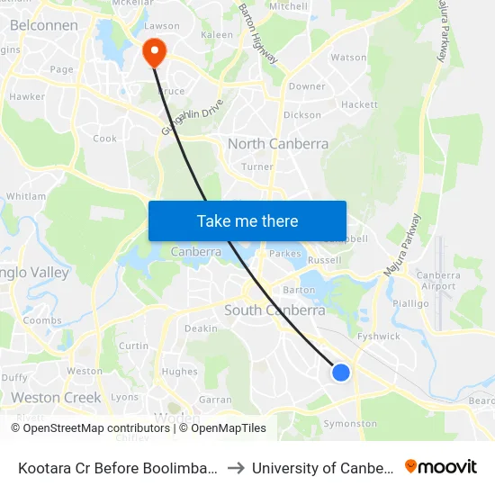 Kootara Cr Before Boolimba Cr to University of Canberra map