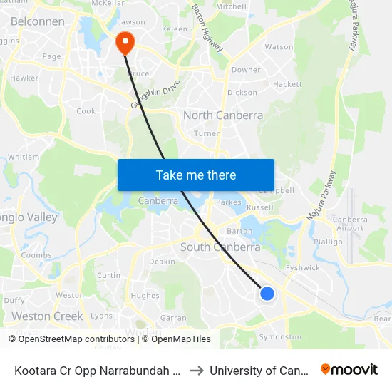 Kootara Cr Opp Narrabundah Shops to University of Canberra map