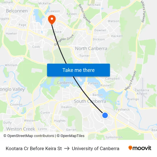 Kootara Cr Before Keira St to University of Canberra map