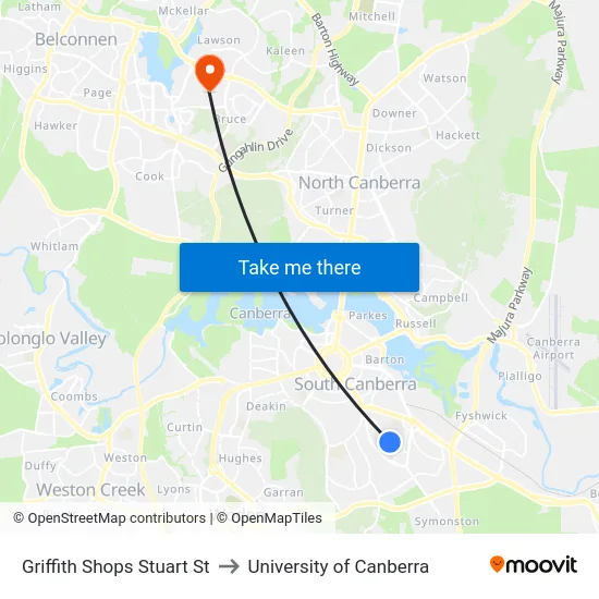 Griffith Shops Stuart St to University of Canberra map