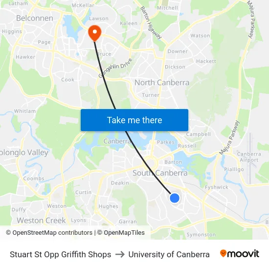 Stuart St Opp Griffith Shops to University of Canberra map