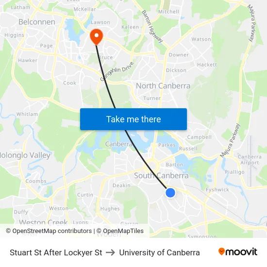 Stuart St After Lockyer St to University of Canberra map