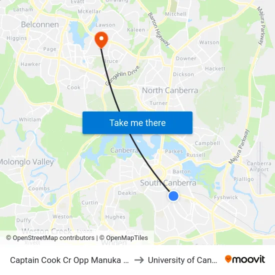 Captain Cook Cr Opp Manuka Shops to University of Canberra map