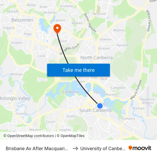 Brisbane Av After Macquarie St to University of Canberra map