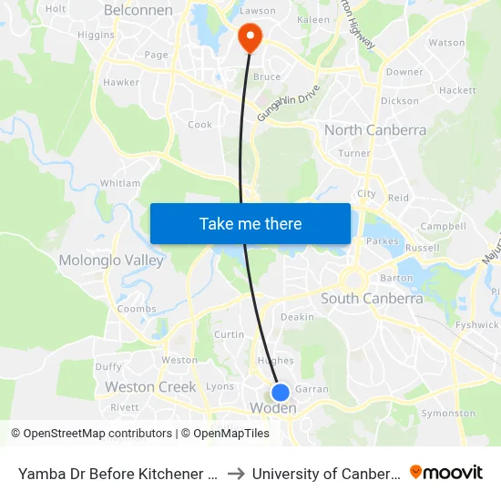 Yamba Dr Before Kitchener St to University of Canberra map