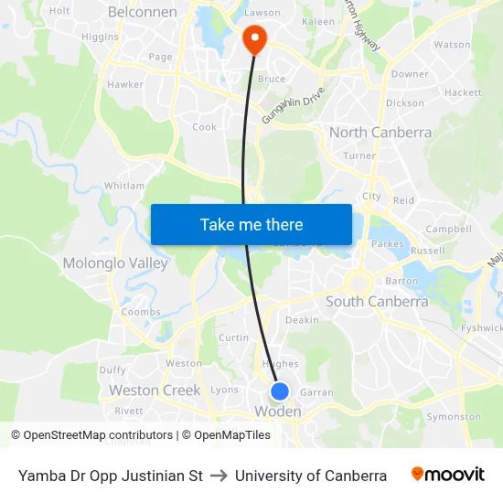 Yamba Dr Opp Justinian St to University of Canberra map
