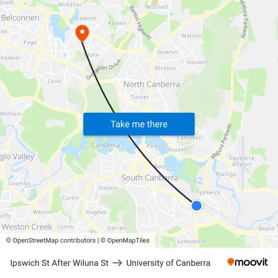 Ipswich St After Wiluna St to University of Canberra map