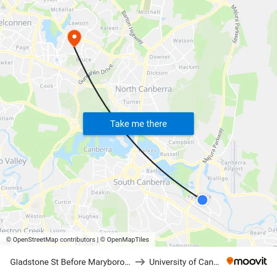 Gladstone St Before Maryborough St to University of Canberra map