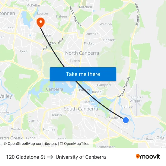 120 Gladstone St to University of Canberra map