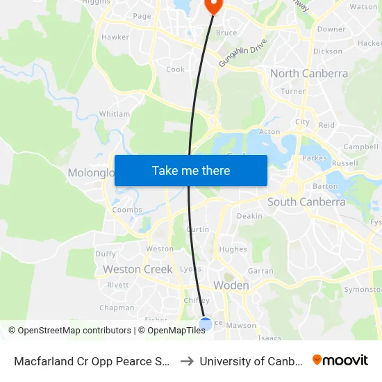 Macfarland Cr Opp Pearce Shops to University of Canberra map