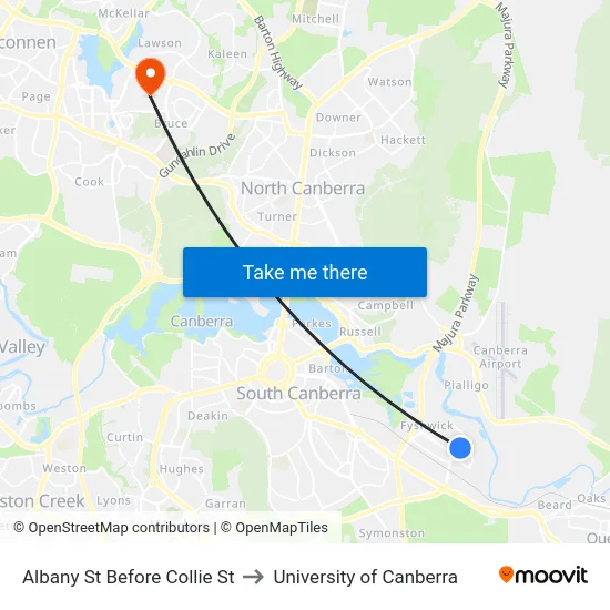 Albany St Before Collie St to University of Canberra map