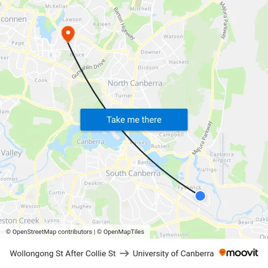 Wollongong St After Collie St to University of Canberra map
