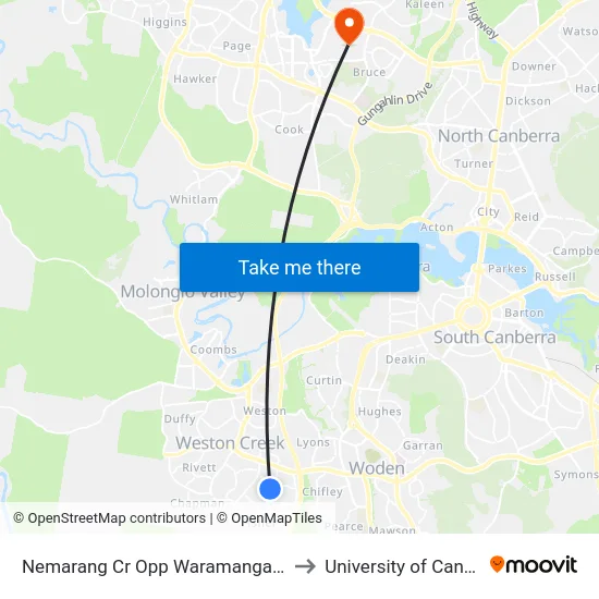 Nemarang Cr Opp Waramanga Shops to University of Canberra map