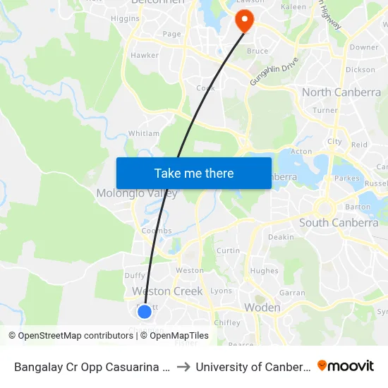 Bangalay Cr Opp Casuarina St to University of Canberra map