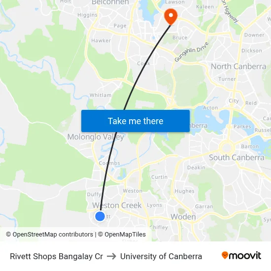 Rivett Shops Bangalay Cr to University of Canberra map