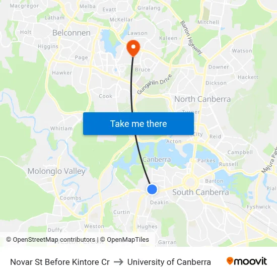 Novar St Before Kintore Cr to University of Canberra map