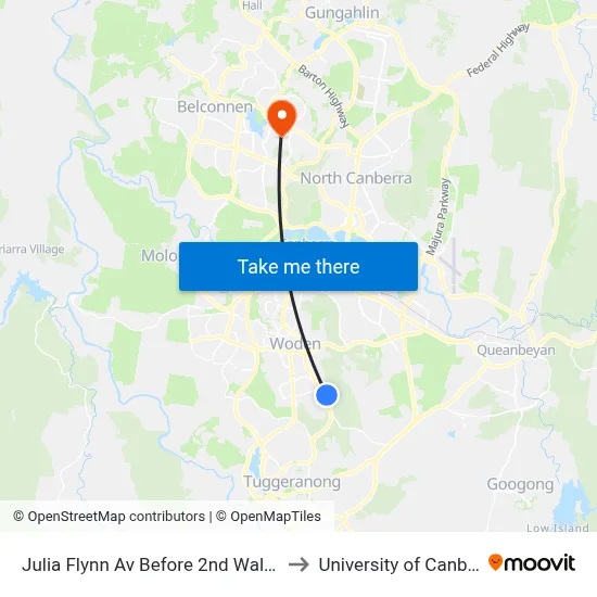 Julia Flynn Av Before 2nd Walton St to University of Canberra map