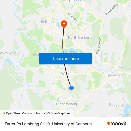 Farrer Ps Lambrigg St to University of Canberra map