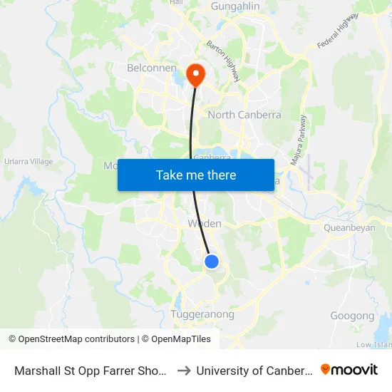 Marshall St Opp Farrer Shops to University of Canberra map