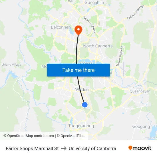 Farrer Shops Marshall St to University of Canberra map