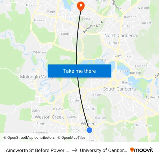 Ainsworth St Before Power St to University of Canberra map