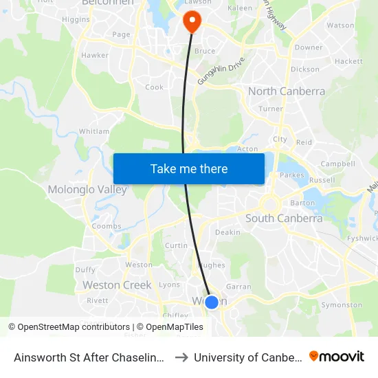 Ainsworth St After Chaseling St to University of Canberra map