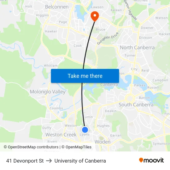 41 Devonport St to University of Canberra map