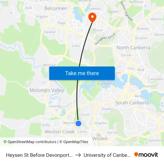 Heysen St Before Devonport St to University of Canberra map