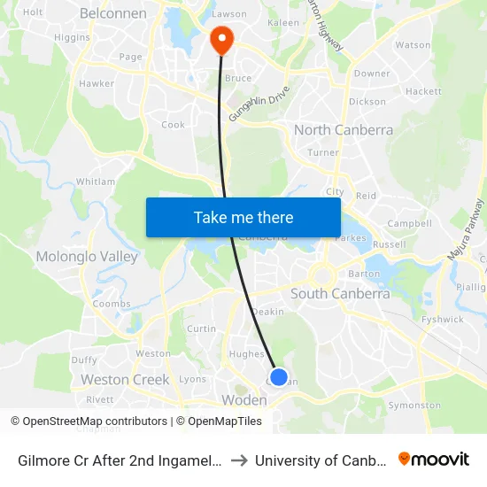 Gilmore Cr After 2nd Ingamells St to University of Canberra map