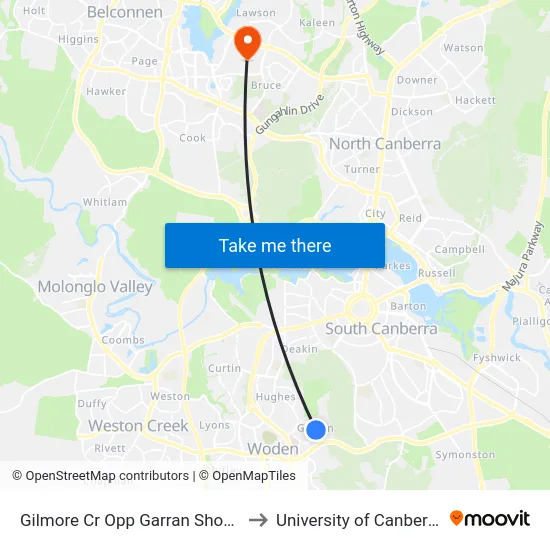 Gilmore Cr Opp Garran Shops to University of Canberra map