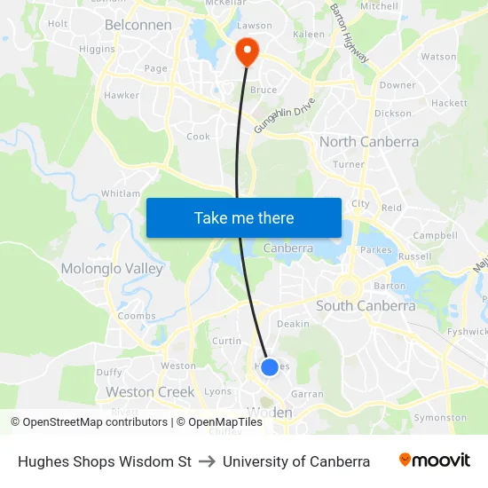 Hughes Shops Wisdom St to University of Canberra map