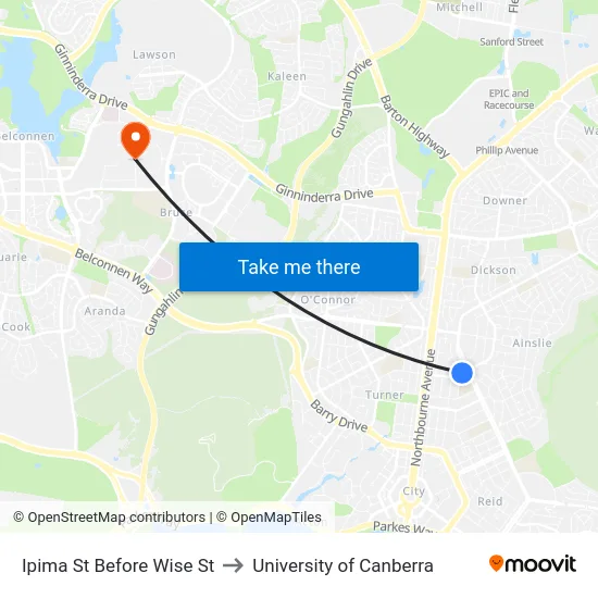 Ipima St Before Wise St to University of Canberra map