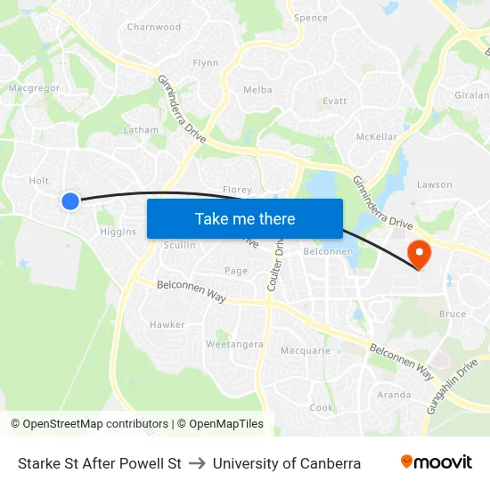 Starke St After Powell St to University of Canberra map