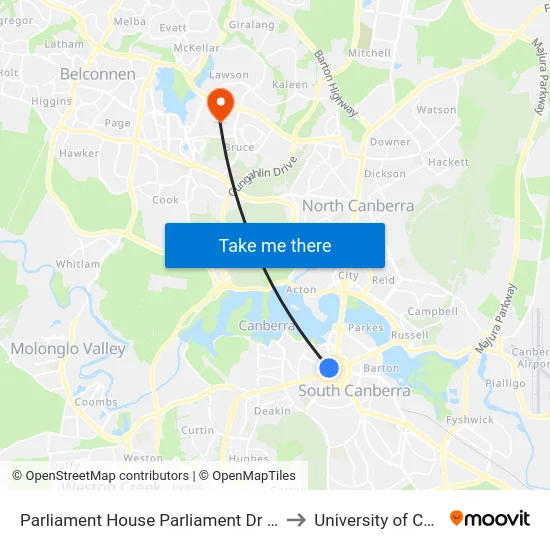 Parliament House Parliament Dr Southbound to University of Canberra map