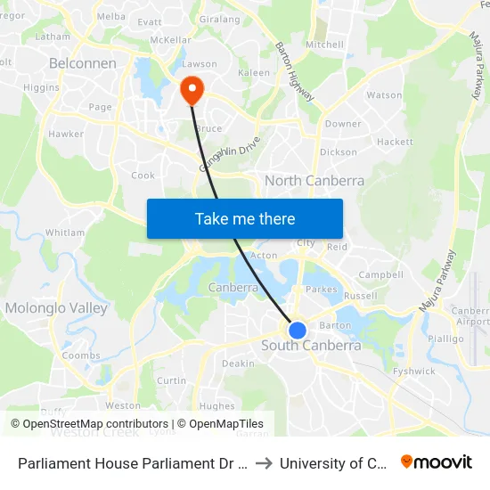 Parliament House Parliament Dr Northbound to University of Canberra map