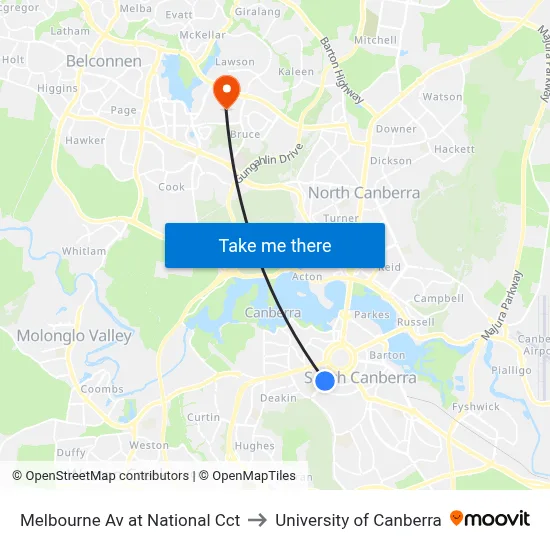 Melbourne Av at National Cct to University of Canberra map
