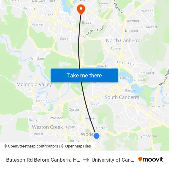 Bateson Rd Before Canberra Hospital to University of Canberra map