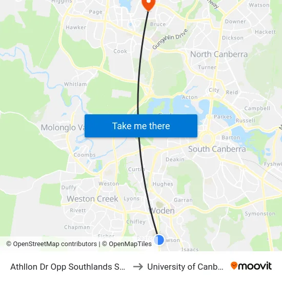 Athllon Dr Opp Southlands Shops to University of Canberra map