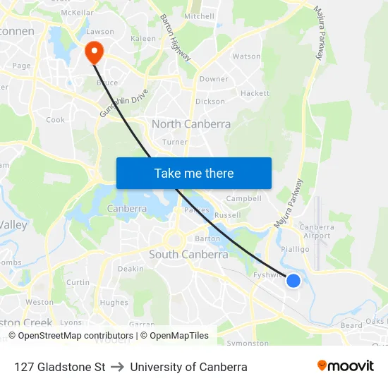 127 Gladstone St to University of Canberra map