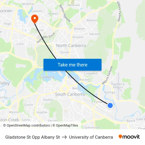 Gladstone St Opp Albany St to University of Canberra map