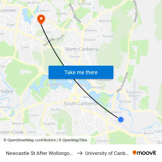 Newcastle St After Wollongong St to University of Canberra map