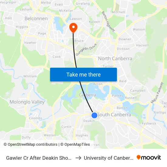 Gawler Cr After Deakin Shops to University of Canberra map