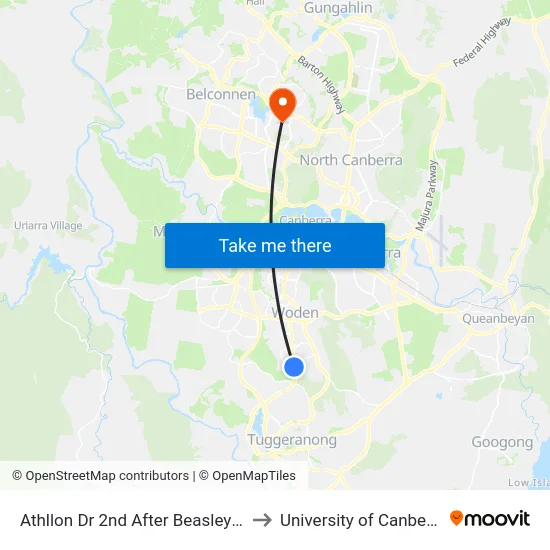 Athllon Dr 2nd After Beasley St to University of Canberra map