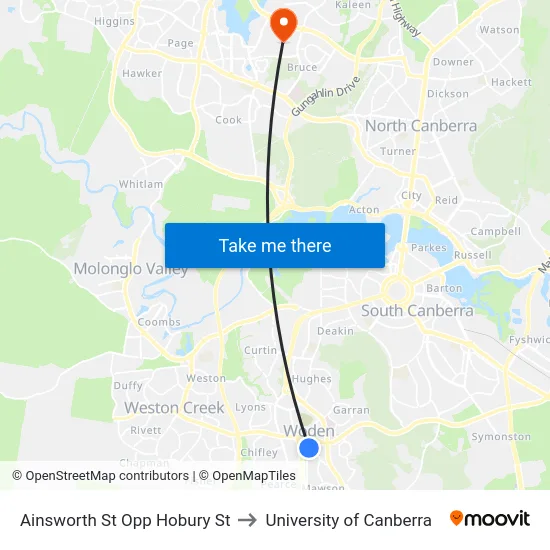Ainsworth St Opp Hobury St to University of Canberra map