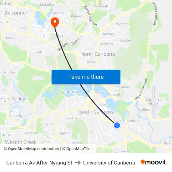 Canberra Av After Nyrang St to University of Canberra map