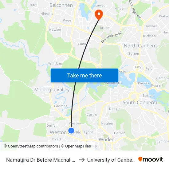 Namatjira Dr Before Macnally St to University of Canberra map