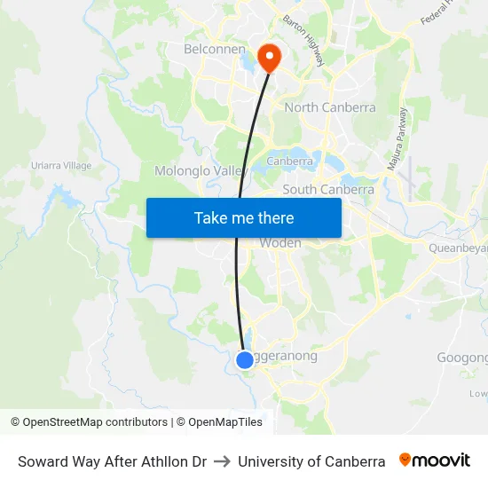 Soward Way After Athllon Dr to University of Canberra map